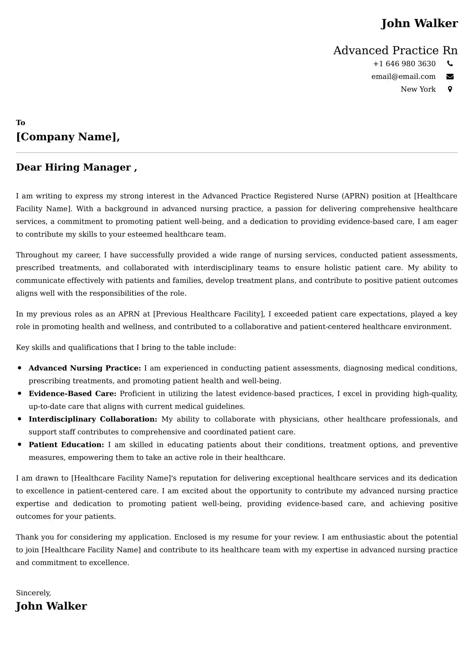 Advanced Practice Rn Cover Letter Examples USA