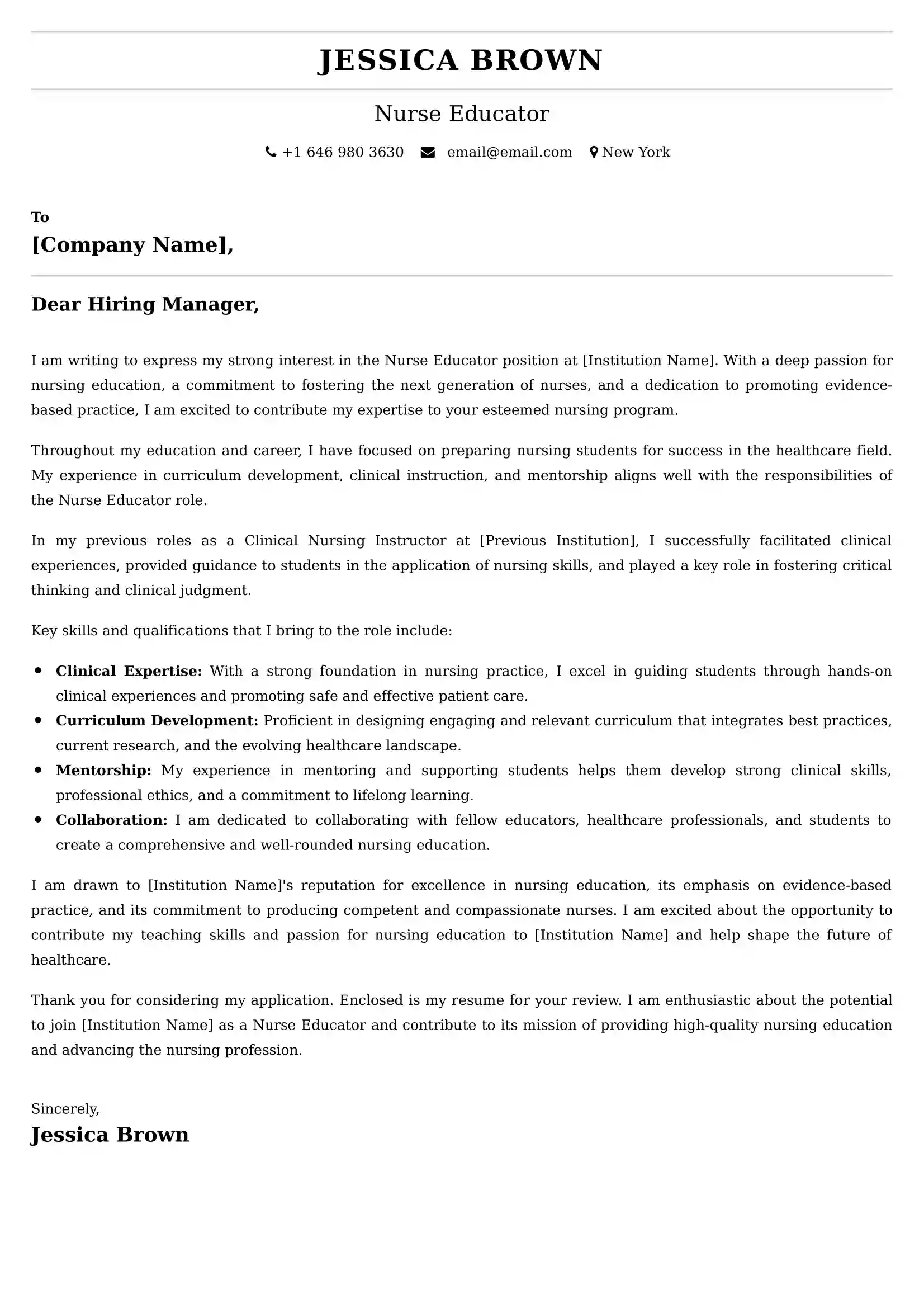 Nurse Educator Cover Letter Sample