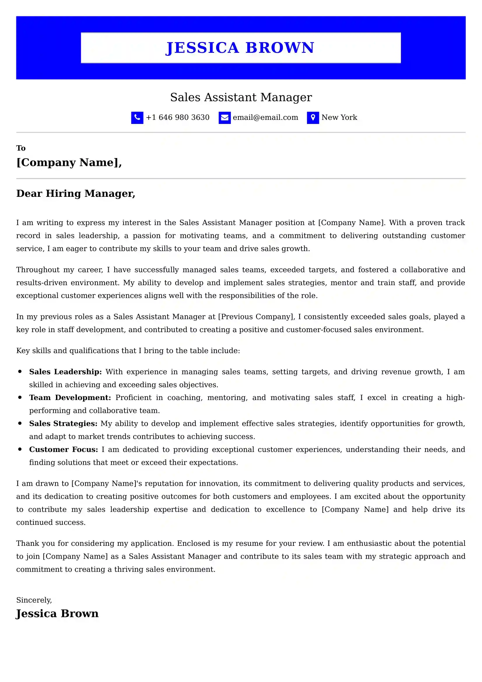 Sales Assistant Manager Cover Letter Examples USA