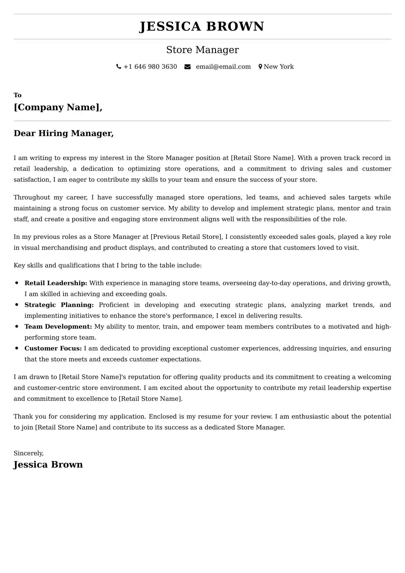 Store Manager Cover Letter Examples USA