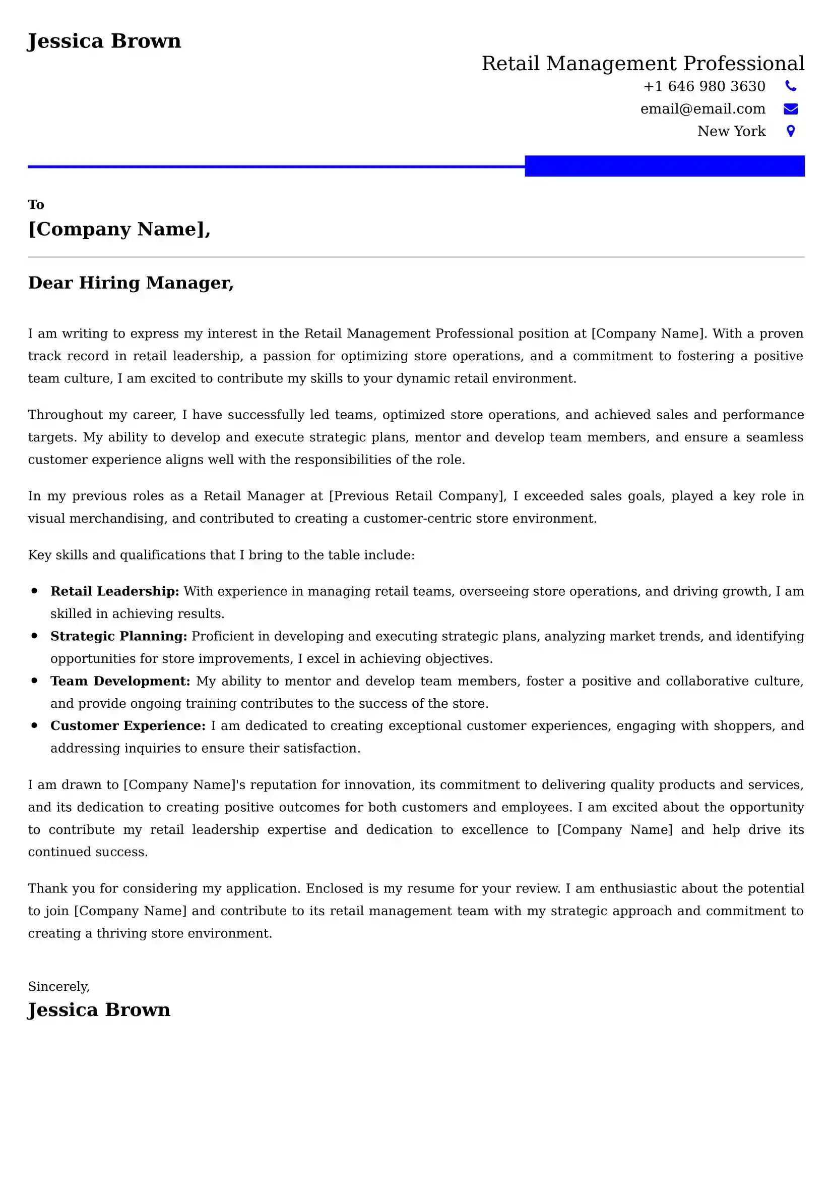 Retail Management Professional Cover Letter Examples USA