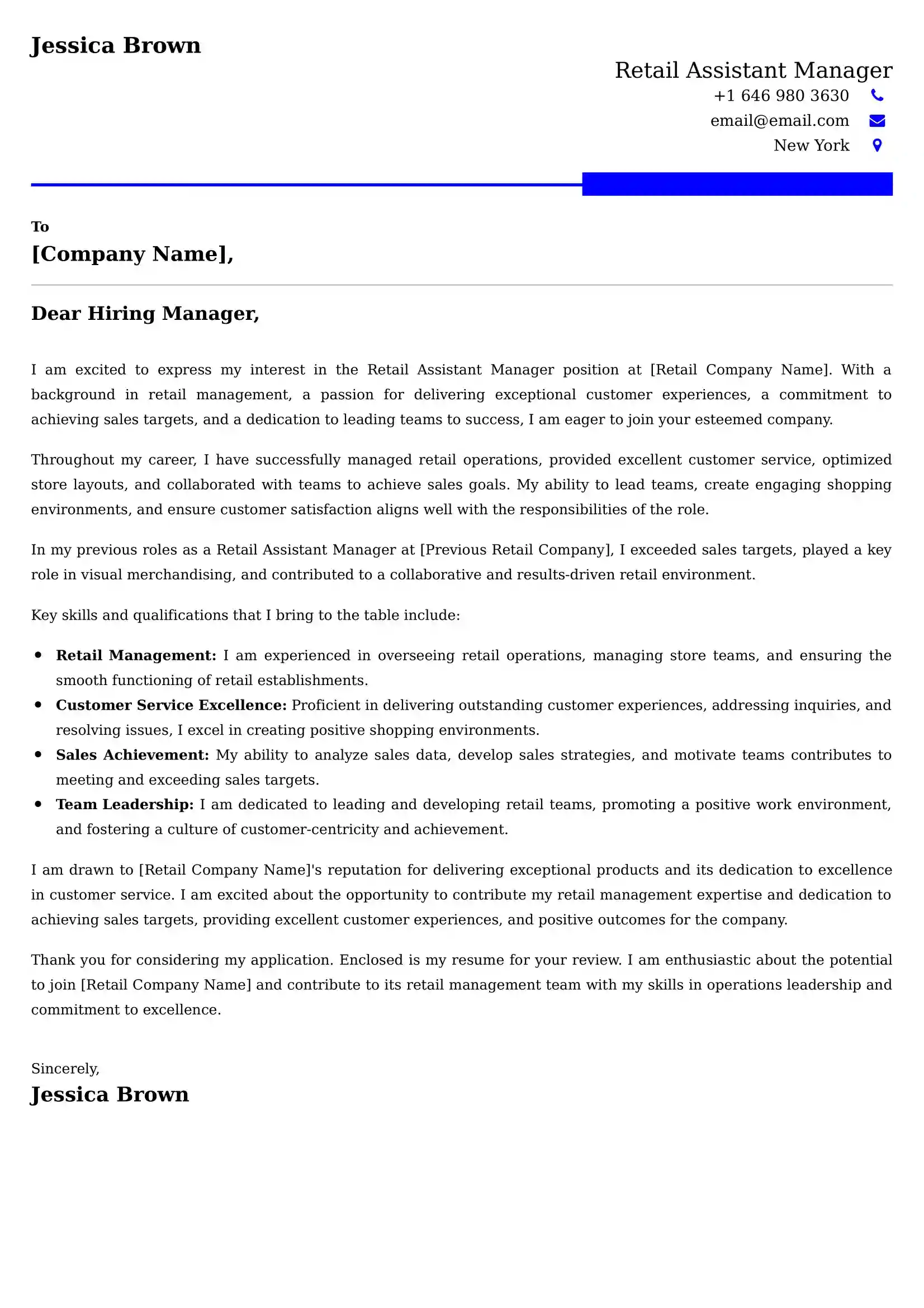 Retail Assistant Manager Cover Letter Examples USA