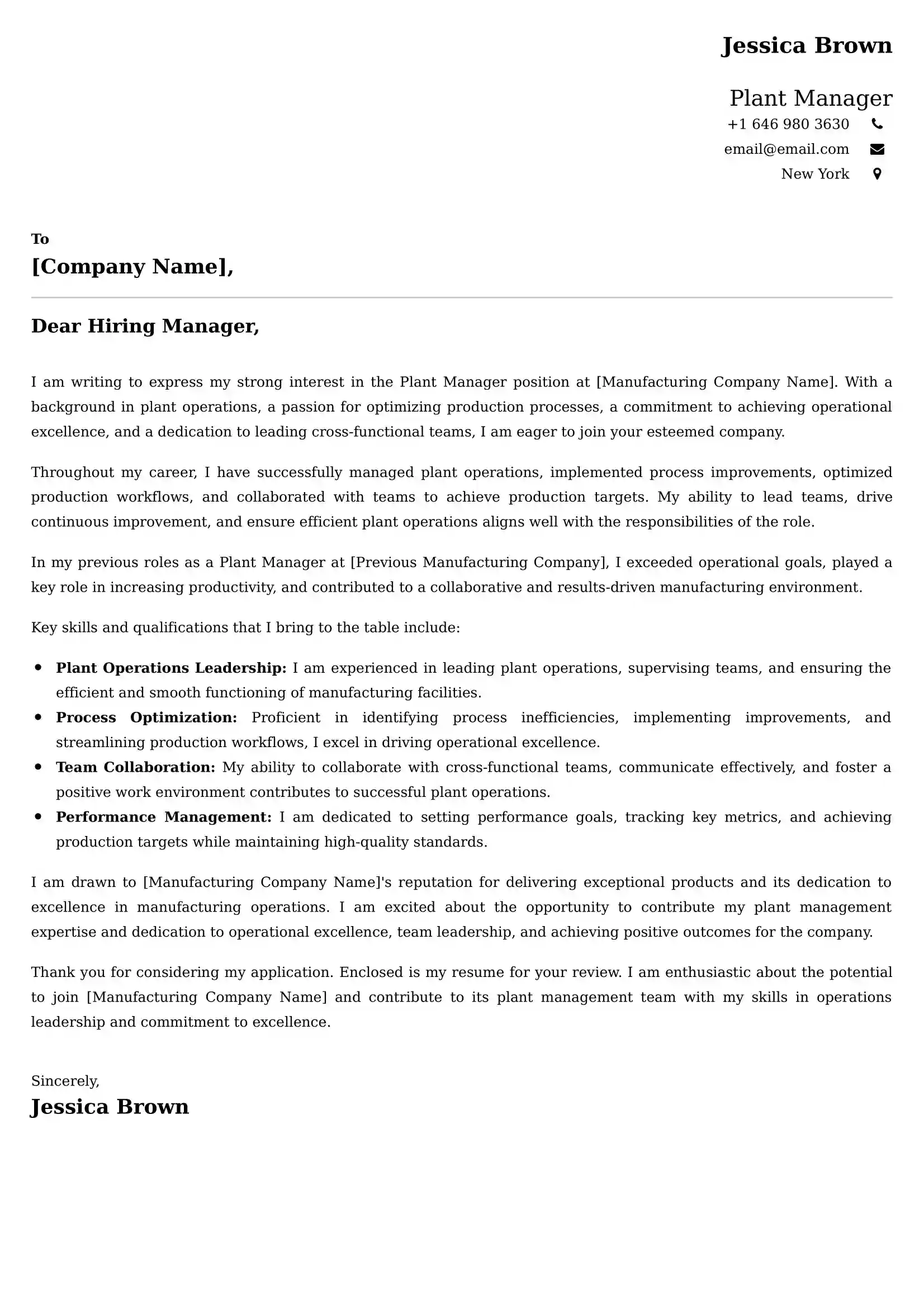 Plant Manager Cover Letter Examples USA