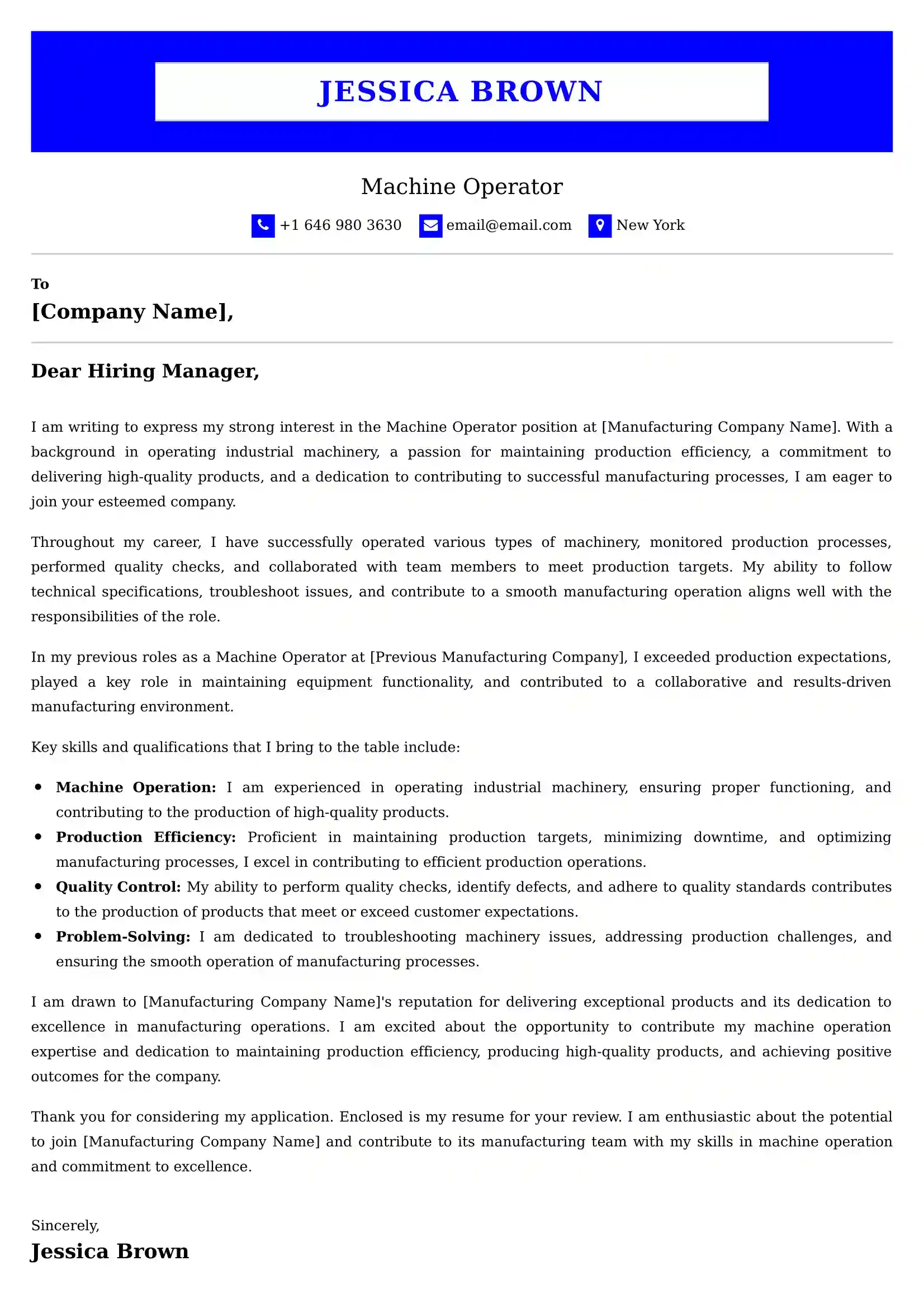 Machine Operator Cover Letter Examples USA