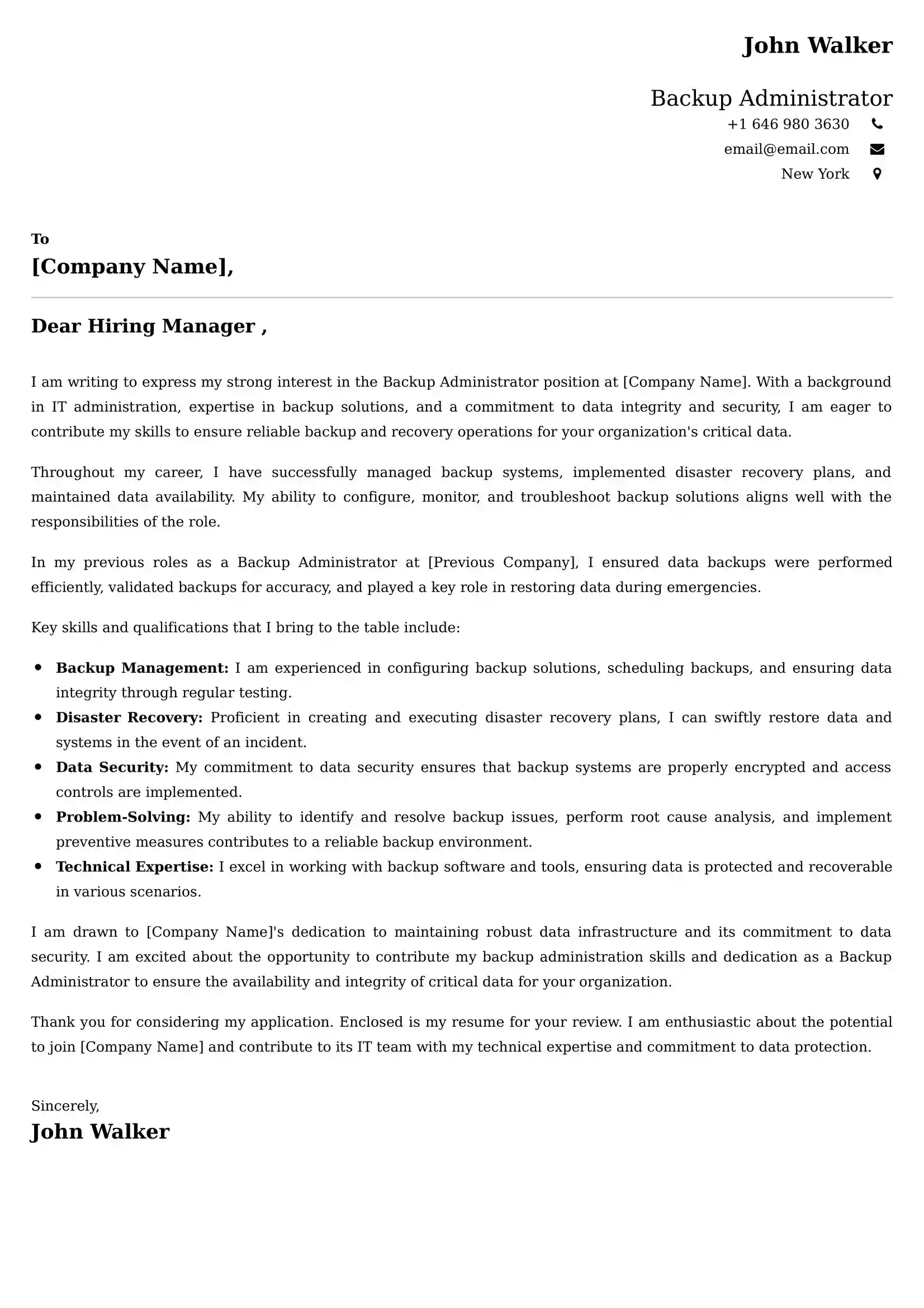 Backup Administrator Cover Letter Sample