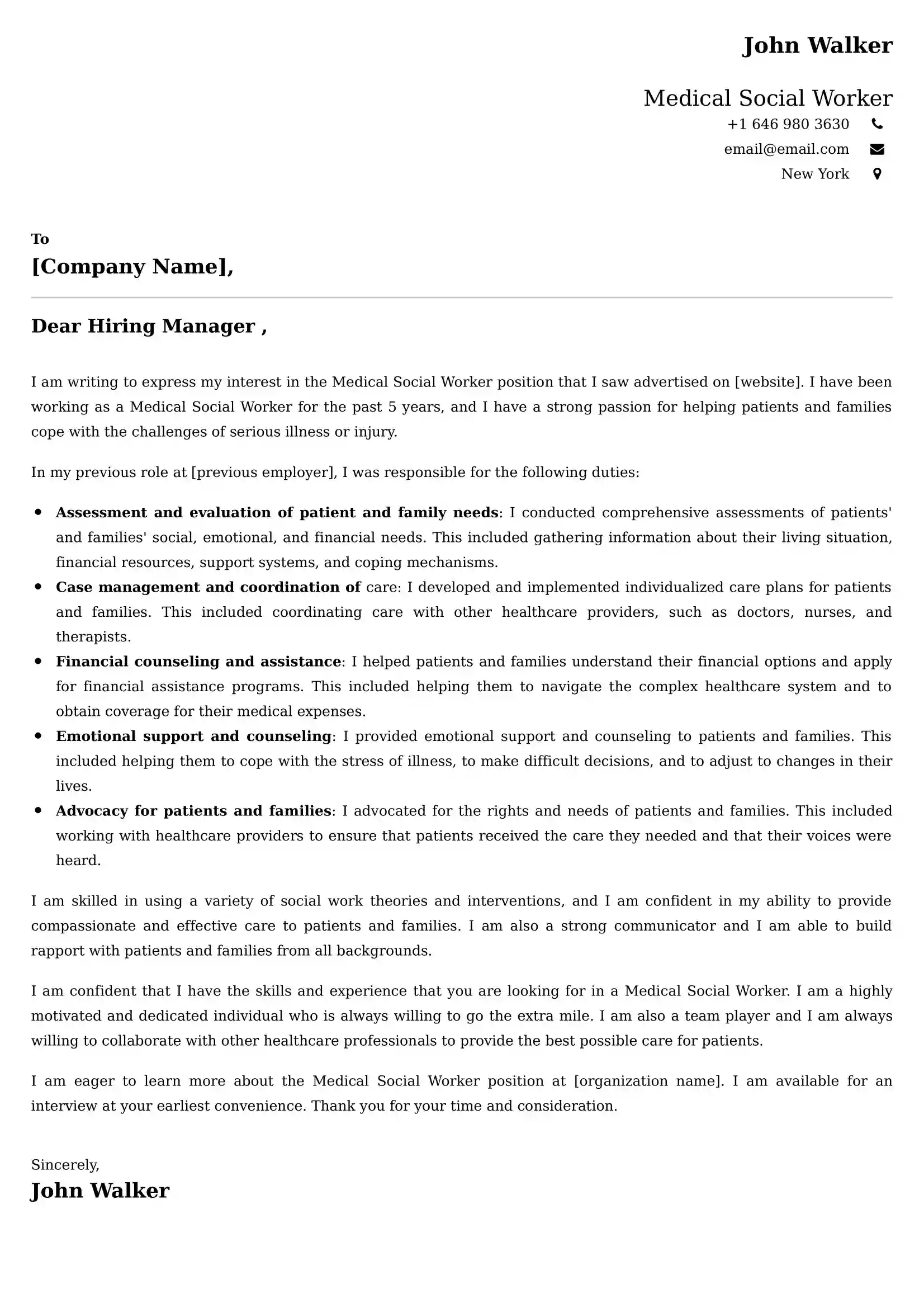 Medical Social Worker Cover Letter Examples USA